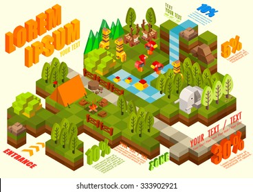 Isometric Flat 3d design  jungle with wild animal camping and adventure, illustrator Vector