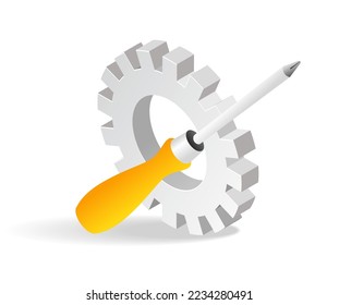 Isometric flat 3d illustration concept of gears and screwdriver