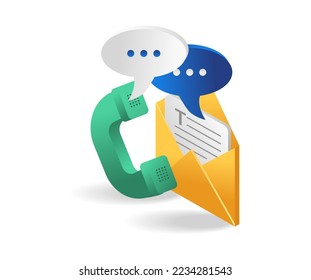 Isometric plano 3d concepto de ilustración de conversación telefónica con correo electrónico