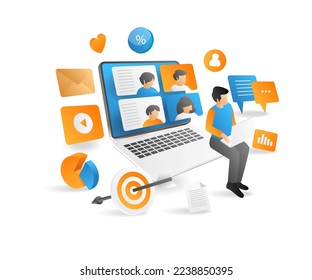 Isometric flat 3d illustration concept of business team having virtual conversation