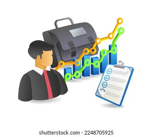 Isometric flat 3d illustration concept reading analyst business plan