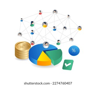 Isometric flat 3d illustration concept money business team network over pie chart