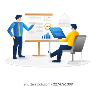 Isometric flat 3d illustration concept of boss is presenting business strategy