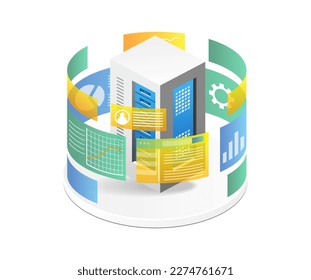 Isometric flat 3d illustration concept of analyzer screen surrounding server