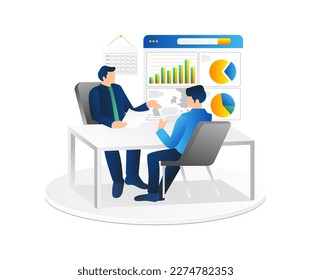 Isometric flat 3d illustration concept boss is ordering repair work business report