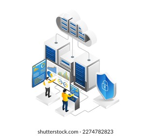 Isometric flat 3d illustration concept cloud server endpoint team analytics