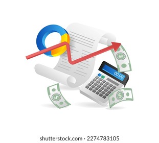 Isometric flat 3d illustration concept of agreement letter calculating business income money