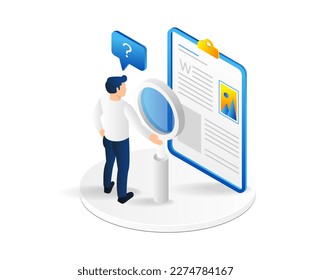 Isometric flat 3d illustration concept of man carrying magnifying glass beside plan paper