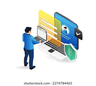 Isometric flat 3d illustration concept of man filling personal data form