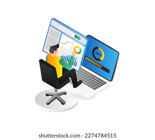 Isometric flat 3d illustration concept of man maintaining application computer