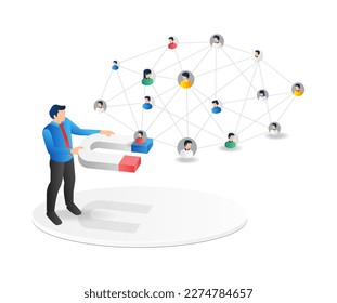 Isometric flat 3d illustration concept of man carrying digital marketing strategy magnet