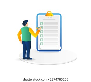 Isometric flat 3d illustration concept of man giving check mark for business plan