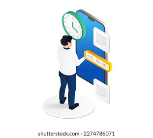 Isometric flat 3d illustration concept of man setting clock on smartphone