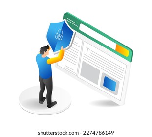 Isometric flat 3d illustration concept of man making security vpn