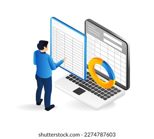 Isometric flat 3d illustration concept of man making table with excel