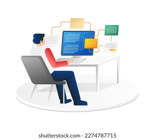 Isometric flat 3d illustration concept of man working at computer desk