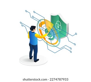 Isometric flat 3d illustration concept of man pushing a digital transformation security button