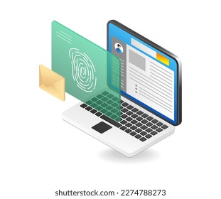 Isometric flat 3d illustration concept of personal data with fingerprint safe