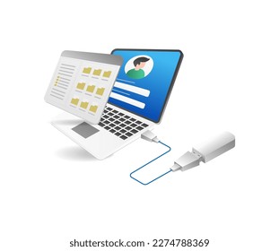 Isometric flat 3d illustration concept of personal folder on flash drive