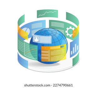 Isometric plano 3d concepto de ilustración de la pantalla de análisis de información de internet alrededor de la Tierra