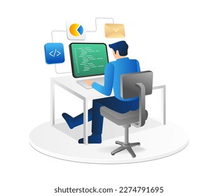 Isometric flat 3d illustration concept of man typing program language for web application