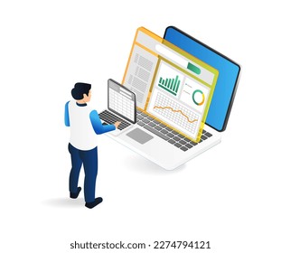 Isometric plano 3d concepto de ilustración del hombre analizando datos