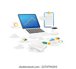 Isometric flat 3d illustration concept of investment business data analytics graph on computer