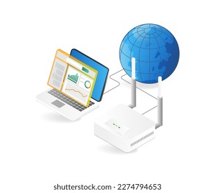 Isometrisches flaches 3D-Illustrationskonzept für Internet-Wifi-Router-Analyzer