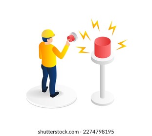 Isometric flat 3d illustration concept of pressing the alarm button for incident warning