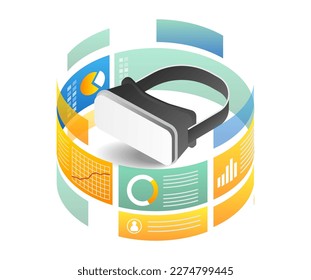 Isometric flat 3d illustration concept of vr glasses data analytics diagram