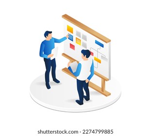Isometric flat 3d illustration concept of two men putting together a scrumboard for a work plan
