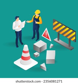 Isometric flat 3d illustration concept of warning of an incident at work