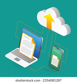 Isometric flat 3d illustration concept of storing data in cloud server
