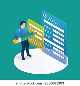 Isometric flat 3d illustration concept of man filling registration form on screen