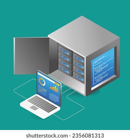 Isometric plano 3d concepto de ilustración de análisis caja de rack de servidor