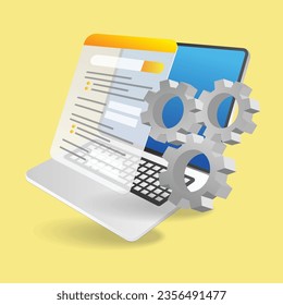 Isometric flat 3d illustration concept of gear filling registration data on computer