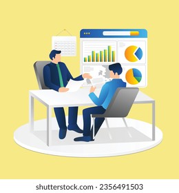 Isometric flat 3d illustration concept boss is ordering repair work business report