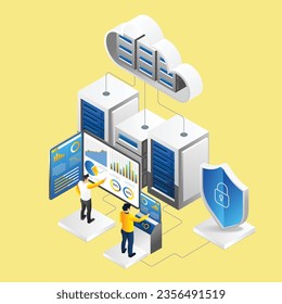 Isometric flat 3d illustration concept cloud server endpoint team analytics