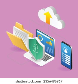 Isometric plano 3d concepto de ilustración de la prueba de seguridad de datos de aplicaciones de smartphone