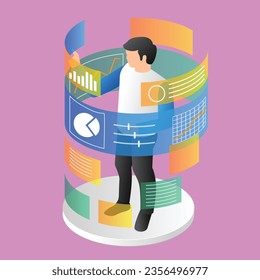 Isometric flat 3d illustration concept of man surrounded by data analyst screen