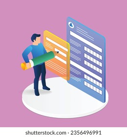 Isometric flat 3d illustration concept of man filling registration form on screen