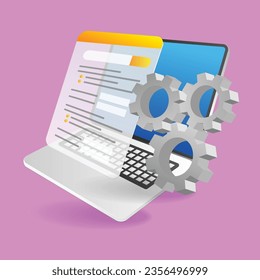 Isometric flat 3d illustration concept of gear filling registration data on computer
