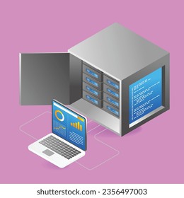 Isometric flat 3d illustration concept of analysis server rack box