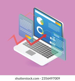 Isometric flat 3d illustration concept of computer data analysis pie chart