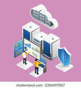 Isometric flat 3d illustration concept cloud server endpoint team analytics