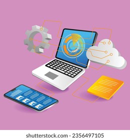 Isometric flat 3d illustration concept of technology transformation digital button