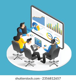 Isometric flat 3d illustration concept of team having business development analysis discussion