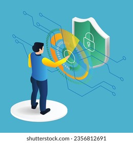 Isometric flat 3d illustration concept of man pushing a digital transformation security button