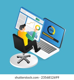 Isometric flat 3d illustration concept of man maintaining application computer