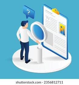 Isometric flat 3d illustration concept of man carrying magnifying glass beside plan paper